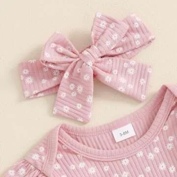 Mandizy Baby Girl Clothes Ribbed Ruffle Long Sleeve Romper Pant Set Newborn Infant Fall Winter Floral Print 3Pcs Outifts (Pink, 0-3 Months)