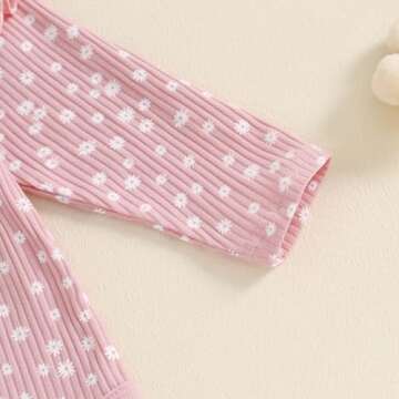 Mandizy Baby Girl Clothes Ribbed Ruffle Long Sleeve Romper Pant Set Newborn Infant Fall Winter Floral Print 3Pcs Outifts (Pink, 0-3 Months)