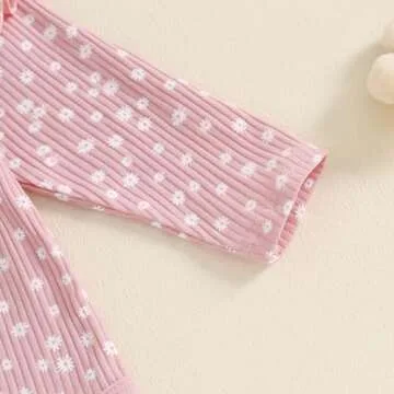 Mandizy Baby Girl Clothes Ribbed Ruffle Long Sleeve Romper Pant Set Newborn Infant Fall Winter Floral Print 3Pcs Outifts (Pink, 0-3 Months)