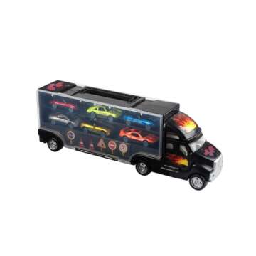 Big Mo's Toys Transport Car Carrier Truck - with 6 Stylish Metal Racing Cars - with Carrying Case