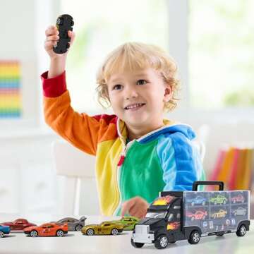 Big Mo's Toys Transport Car Carrier Truck - with 6 Stylish Metal Racing Cars - with Carrying Case