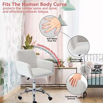 HomVent Faux Fur Home Office Chair for Women Girl, Modern Accent Chair Furry Makeup Desk Chairs with Rolling Wheels Armrest for Living Room Bedroom Office Vanity White