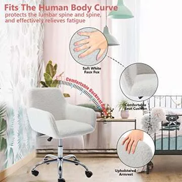 HomVent Faux Fur Home Office Chair for Women Girl, Modern Accent Chair Furry Makeup Desk Chairs with Rolling Wheels Armrest for Living Room Bedroom Office Vanity White