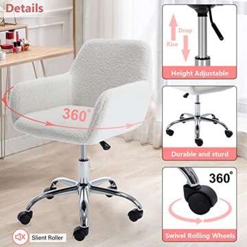HomVent Faux Fur Home Office Chair for Women Girl, Modern Accent Chair Furry Makeup Desk Chairs with Rolling Wheels Armrest for Living Room Bedroom Office Vanity White