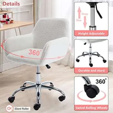 HomVent Faux Fur Home Office Chair for Women Girl, Modern Accent Chair Furry Makeup Desk Chairs with Rolling Wheels Armrest for Living Room Bedroom Office Vanity White