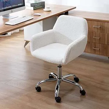 HomVent Faux Fur Home Office Chair for Women Girl, Modern Accent Chair Furry Makeup Desk Chairs with Rolling Wheels Armrest for Living Room Bedroom Office Vanity White