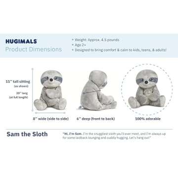 HUGIMALS Sam The Sloth 4.5 lb Heavy Cute Weighted Comfort Plush Large Unscented Self Care Stuffed Animal for All Ages - Kids, Teens and Adults