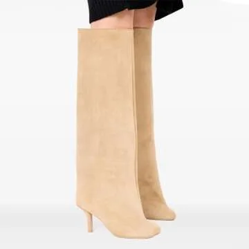 VOMIRA Women's Knee High Boots Nude Suede Boots Wide Calf Boots Square Toe Stiletto Boots Fall Winter Pull On High Heel Long Boots Ladies Fahion Dress Tall Boots Slouchy Boots