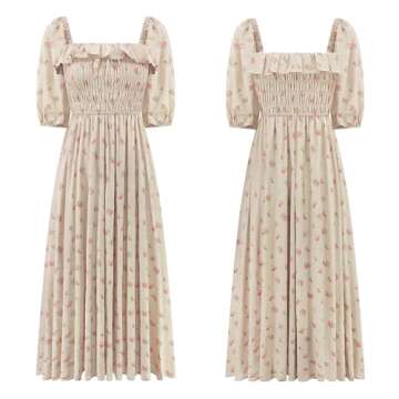 R.Vivimos Women Summer Half Sleeve Cotton Ruffled Vintage Elegant Backless A Line Flowy Long Dresses (Large, Beige#1-Floral)