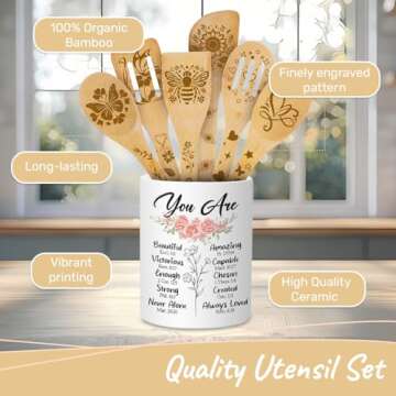 365RUSTIC Christian Cooking Utensils Set for Women, Utensil Holder & 6 Wooden Spoons Cooking Gifts For Mom, Sweet Valentines Gifts For Her, Ceramic Holder, Kitchen Gifts For Women