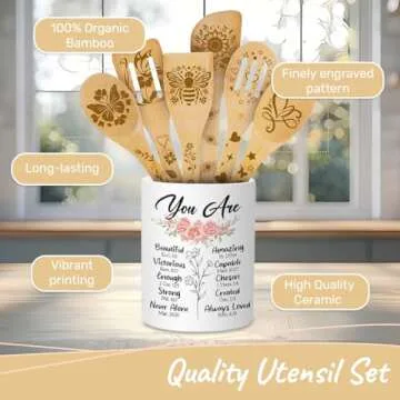 365RUSTIC Christian Cooking Utensils Set for Women, Utensil Holder & 6 Wooden Spoons Cooking Gifts For Mom, Sweet Valentines Gifts For Her, Ceramic Holder, Kitchen Gifts For Women