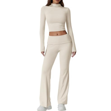 QINSEN Women's Fall 2-Piece Set: Slim Fit Mock Neck Top & Flare Pants