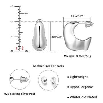 KissYan Chunky Gold Hoop Earrings for Women, 14K Gold Plated Lightweight Hollow Open Hoops Thick Teardrop Earrings Sterling Silver Post Fashion Jewelry Gifts(Style6-Silver)