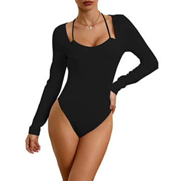 Hilinker Women's Long Sleeve Ribbed Knit Bodysuit Halter Square Neck Leotard Tops Black