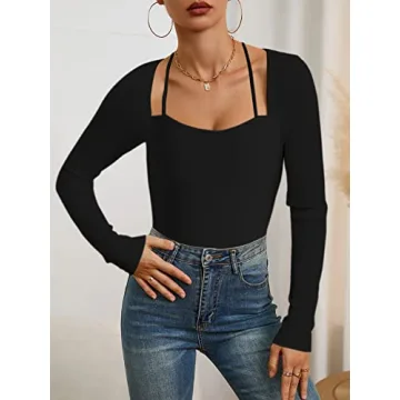 Hilinker Women's Long Sleeve Ribbed Knit Bodysuit Halter Square Neck Leotard Tops Black