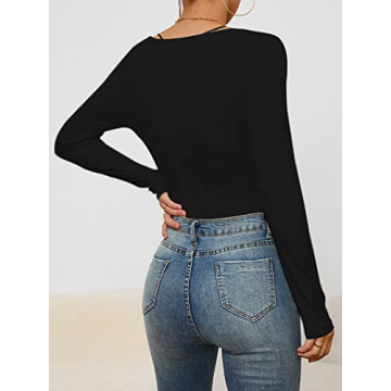 Hilinker Women's Long Sleeve Ribbed Knit Bodysuit Halter Square Neck Leotard Tops Black