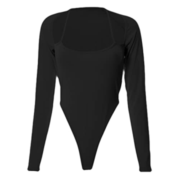 Hilinker Women's Long Sleeve Ribbed Knit Bodysuit Halter Square Neck Leotard Tops Black