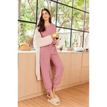 Ekouaer Lounge Sets for Women 2 Piece Jogger Pajama Long Sleeve Pants Loungewear Sweatsuits Casual Matching Outfits Dusty Pink M