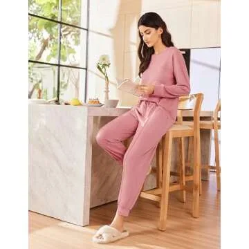 Ekouaer Lounge Sets for Women 2 Piece Jogger Pajama Long Sleeve Pants Loungewear Sweatsuits Casual Matching Outfits Dusty Pink M