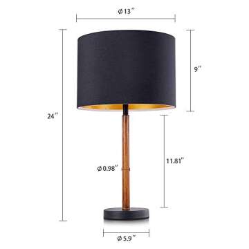 Wellmet Wood Table Lamp with 13 inch Black Drum Shade, Modern Side Table Lamps for Living Room, Bedroom Bedside, Nightstand Lamp, Metal Black and &Wood Finish