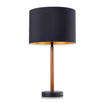 Wellmet Wood Table Lamp with 13 inch Black Drum Shade, Modern Side Table Lamps for Living Room, Bedroom Bedside, Nightstand Lamp, Metal Black and &Wood Finish