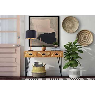 Wellmet Wood Table Lamp with 13 inch Black Drum Shade, Modern Side Table Lamps for Living Room, Bedroom Bedside, Nightstand Lamp, Metal Black and &Wood Finish