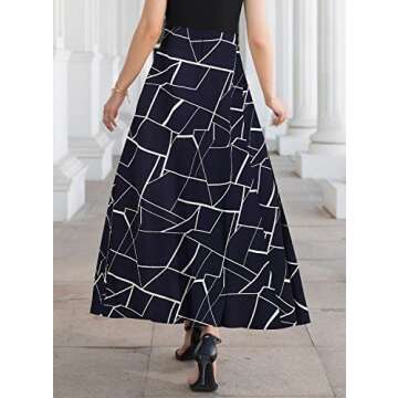 SuperPrity Skirts for Women Trendy Pleated Long Formal Skirts Geometric Print Elastic Waist Flare Pa...