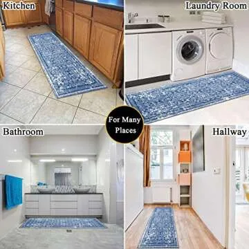 Vaukki Hallway Runner Rug, Vintage Shaggy Soft Laundry Rug , Non Slip Mat, Washable Farmhouse Kitchen Area Carpet for Bathroom, Entryway and Bedroom (2' X 6', Blue)