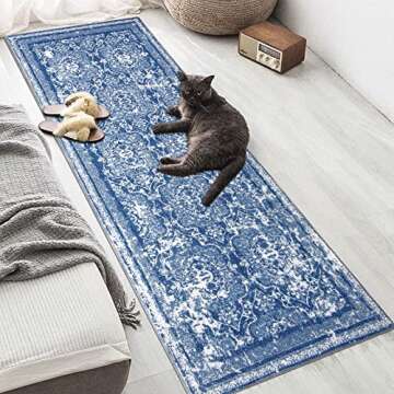 Vaukki Hallway Runner Rug, Vintage Shaggy Soft Laundry Rug , Non Slip Mat, Washable Farmhouse Kitchen Area Carpet for Bathroom, Entryway and Bedroom (2' X 6', Blue)