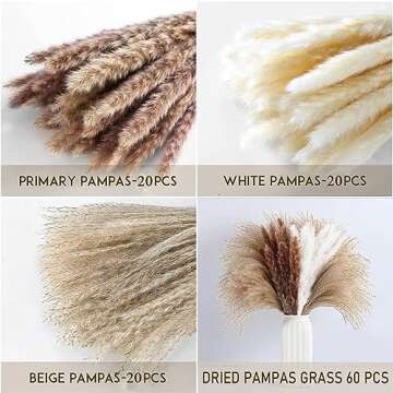 Dried Pampas Grass Decor 60 PCS Pampas Grass Decor with Bunny Tails for Vase, Boho Dried Flowers for Floral Arrangements, Fall Flowers Reed Grass Bouquet for Home Table Decor, Farmhouse Decor