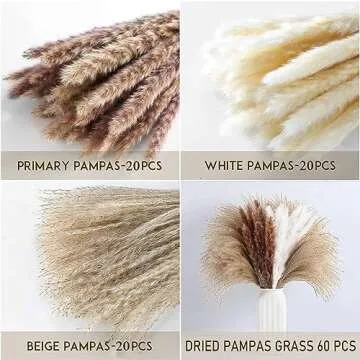 Dried Pampas Grass Decor 60 PCS Pampas Grass Decor with Bunny Tails for Vase, Boho Dried Flowers for Floral Arrangements, Fall Flowers Reed Grass Bouquet for Home Table Decor, Farmhouse Decor
