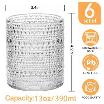 cosnou Glassware Set of 6, 13 OZ/390ml Hobnail Kitchen Glassware, Embossed Vintage Glass for Water, ...