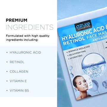 AZURE Hyaluronic Acid & Retinol Anti Aging Facial Mask - Dermatologist Tested - Rejuvenating & Hydrating Face Mask - Helps Reduce Fine Lines & Wrinkles, Smooths & Repairs - Korean Skin Care - 5 Pack