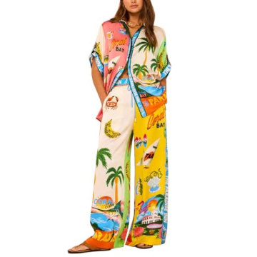 Rousytn 2 Piece Outfits for Women Short Sleeve Button Down Shirt Top Wide Leg Pants Sets Boho Print ...