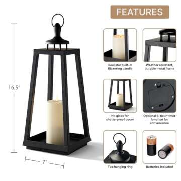 Black Lantern with Flameless Candle - 16 Inch, Metal Frame, Battery Powered, Indoor / Outdoor, Decorative Waterproof Lanterns for Patio Decor, Front Porch or Wedding Centerpiece