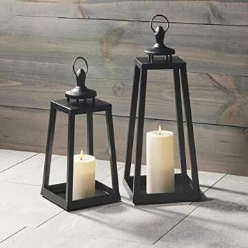 Black Lantern with Flameless Candle - 16 Inch, Metal Frame, Battery Powered, Indoor / Outdoor, Decorative Waterproof Lanterns for Patio Decor, Front Porch or Wedding Centerpiece