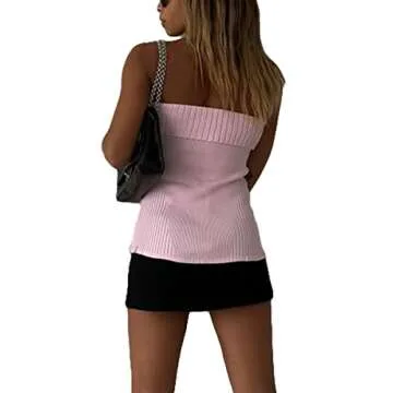 Women Bandeau Off-Shoulder Tops Solid Color Summer Casual Strapless Sleeveless Crop Tops Streetwear Club Wear (Pink Knit, S)