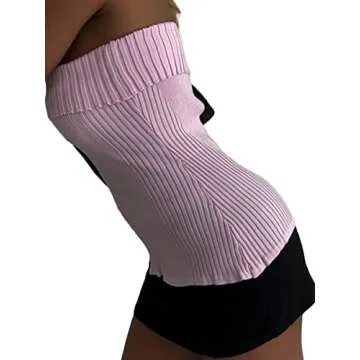 Women Bandeau Off-Shoulder Tops Solid Color Summer Casual Strapless Sleeveless Crop Tops Streetwear Club Wear (Pink Knit, S)