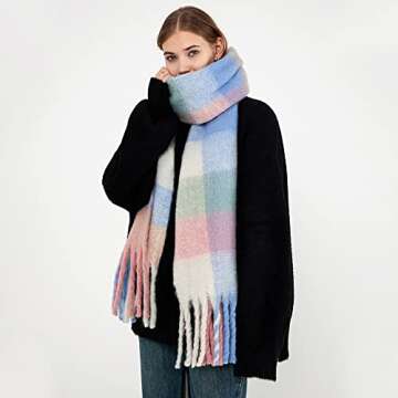 OUNIYA Large Chunky Plaid Scarf Checked Colorful Oversized Scarves Soft Big Cashmere Wool Thick Wint...