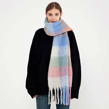 OUNIYA Large Chunky Plaid Scarf Checked Colorful Oversized Scarves Soft Big Cashmere Wool Thick Winter Warm Blanket Women (light blue pink)