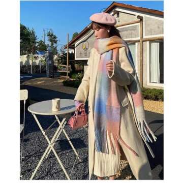 OUNIYA Large Chunky Plaid Scarf Checked Colorful Oversized Scarves Soft Big Cashmere Wool Thick Winter Warm Blanket Women (light blue pink)