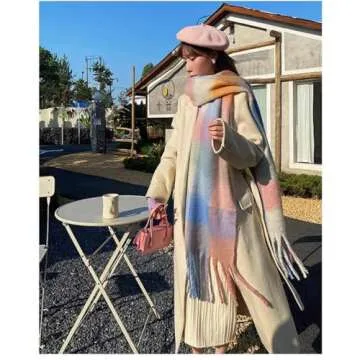 OUNIYA Large Chunky Plaid Scarf Checked Colorful Oversized Scarves Soft Big Cashmere Wool Thick Winter Warm Blanket Women (light blue pink)