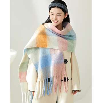 OUNIYA Large Chunky Plaid Scarf Checked Colorful Oversized Scarves Soft Big Cashmere Wool Thick Winter Warm Blanket Women (light blue pink)