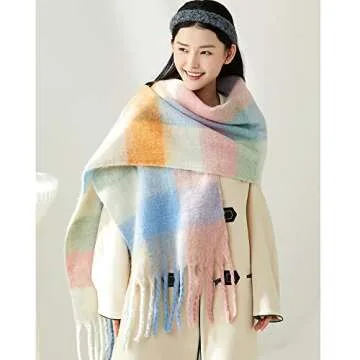 OUNIYA Large Chunky Plaid Scarf Checked Colorful Oversized Scarves Soft Big Cashmere Wool Thick Winter Warm Blanket Women (light blue pink)