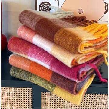 OUNIYA Large Chunky Plaid Scarf Checked Colorful Oversized Scarves Soft Big Cashmere Wool Thick Winter Warm Blanket Women (light blue pink)