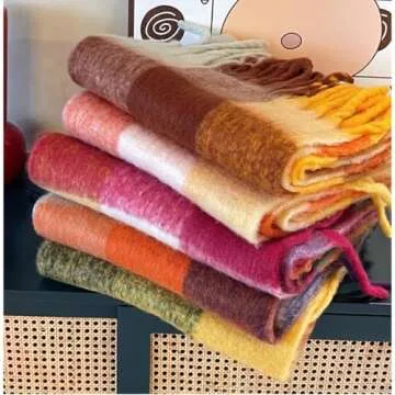 OUNIYA Large Chunky Plaid Scarf Checked Colorful Oversized Scarves Soft Big Cashmere Wool Thick Winter Warm Blanket Women (light blue pink)