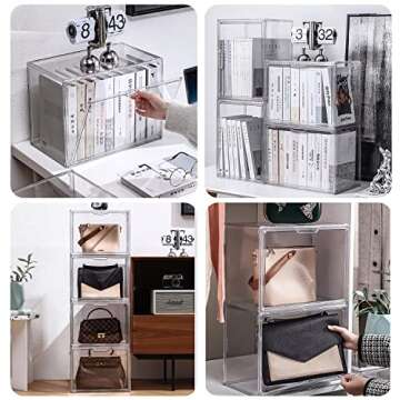 GUDEMAY Clear Stackable Plastic Storage Bins with Magnetic Lid, Dustproof Book & Cosmetic Display Cases, Large Figures Collectibles Showcase, Shoe Box, Protection Organizer (Transparent - 3 Pack)