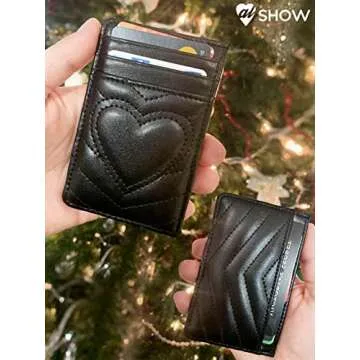 AUNER LEATHER Quilted Leather Heart Card Holder for Women, RFID Blocking, Slim Minimalist Front Pocket Wallet (Black)
