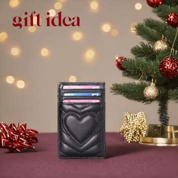 AUNER LEATHER Quilted Leather Heart Card Holder for Women, RFID Blocking, Slim Minimalist Front Pocket Wallet (Black)