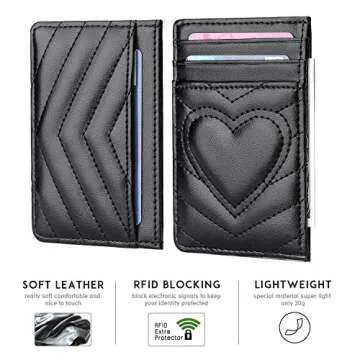 AUNER LEATHER Quilted Leather Heart Card Holder for Women, RFID Blocking, Slim Minimalist Front Pocket Wallet (Black)